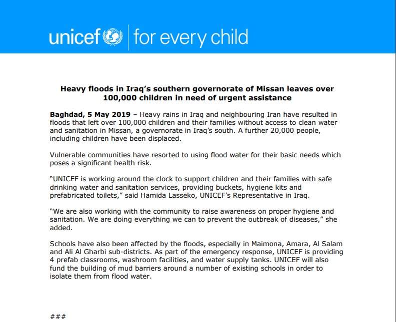 اليونيسيف: تضرر أكثر من 100 ألف طفل بسبب الفيضانات في ميسان