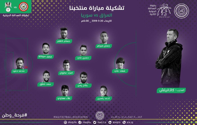 تعرف على التشكيل الرسمي لأسود الرافدين أمام نسور قاسيون