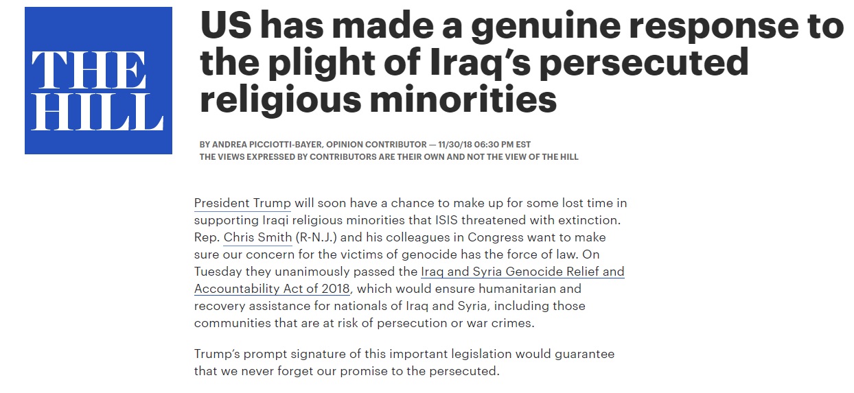 صحيفة ذا هيل: الكونجرس يشرع قانون لتعويض ضحايا داعش الإرهابي من الأقليات في العراق