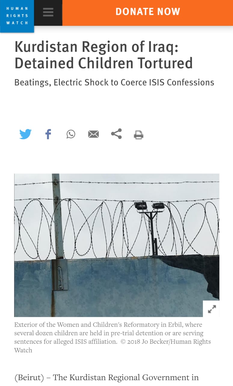 هيومان رايتس واتش: سلطات إقليم كردستان تجبر الأطفال على الإعتراف بالانتماء لداعش