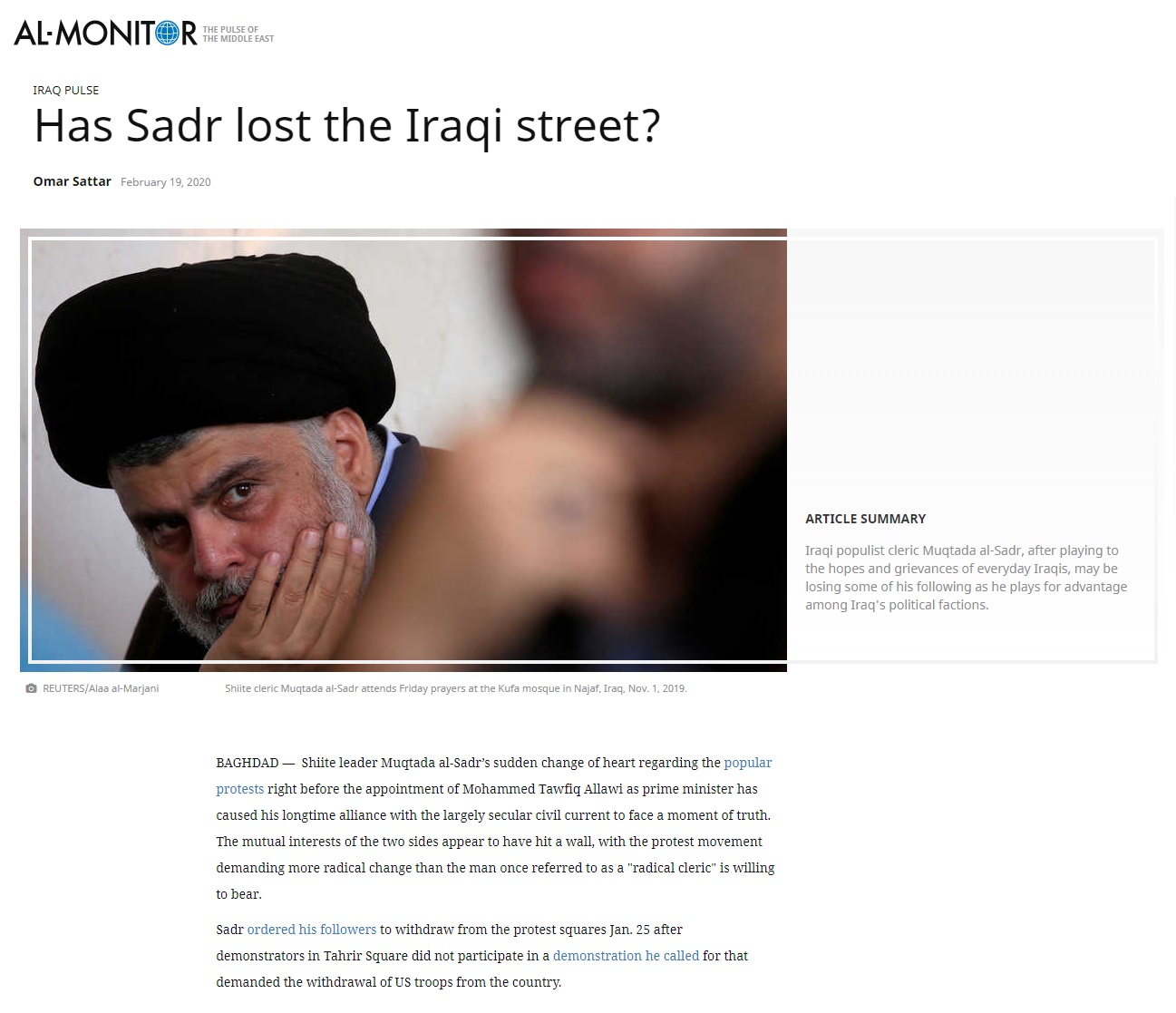 المونيتور: هل فقد مقتدى الصدر شعبيته في الشارع العراقي